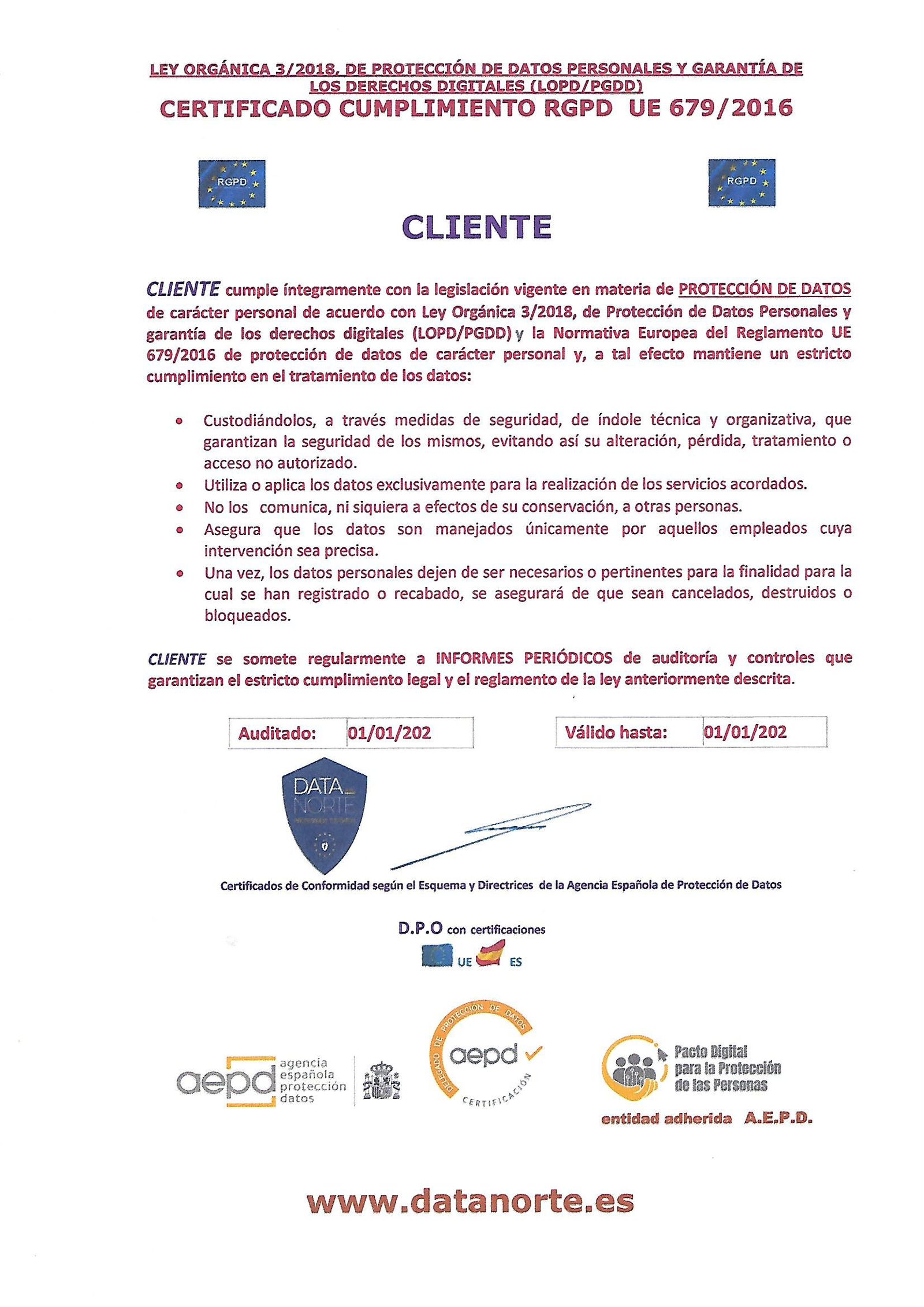Certificado LOPDGDD Data Norte